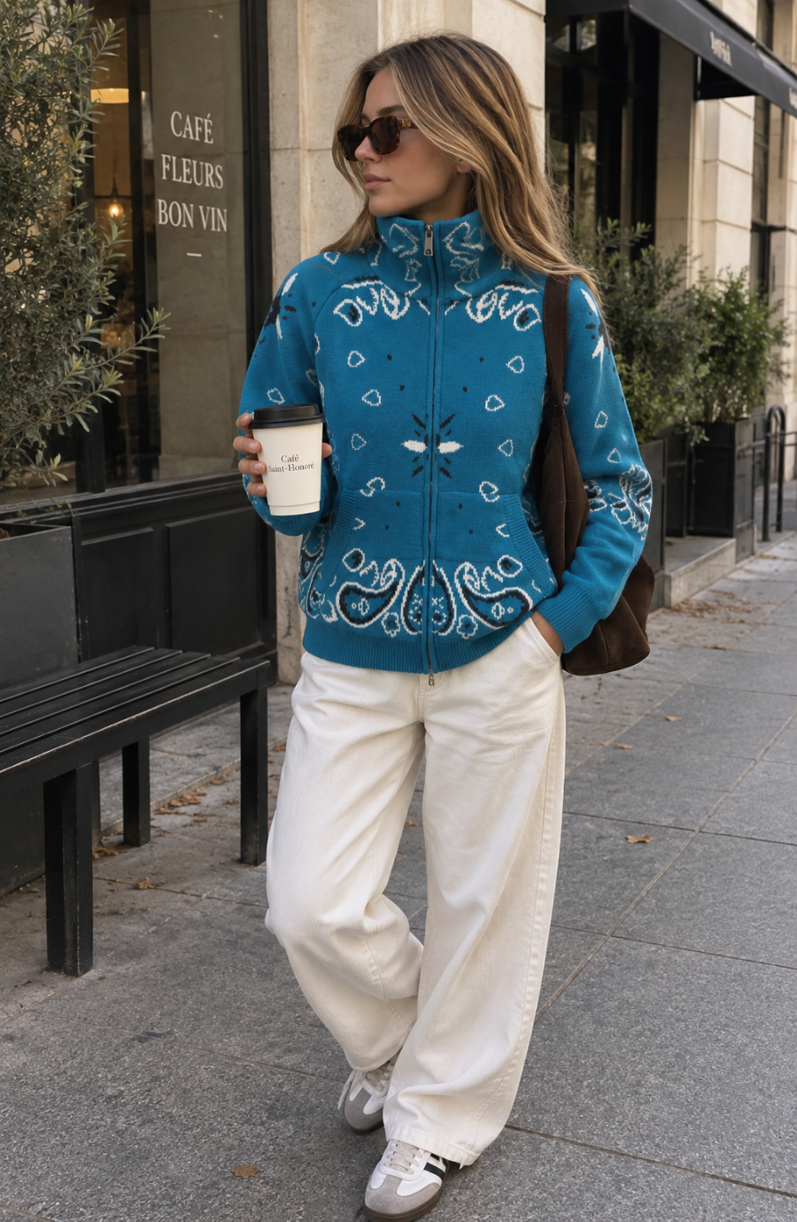 Zip Up Knit Cardigan with High Neck and Print