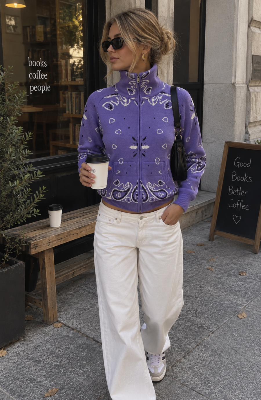 Zip Up Knit Cardigan with High Neck and Print