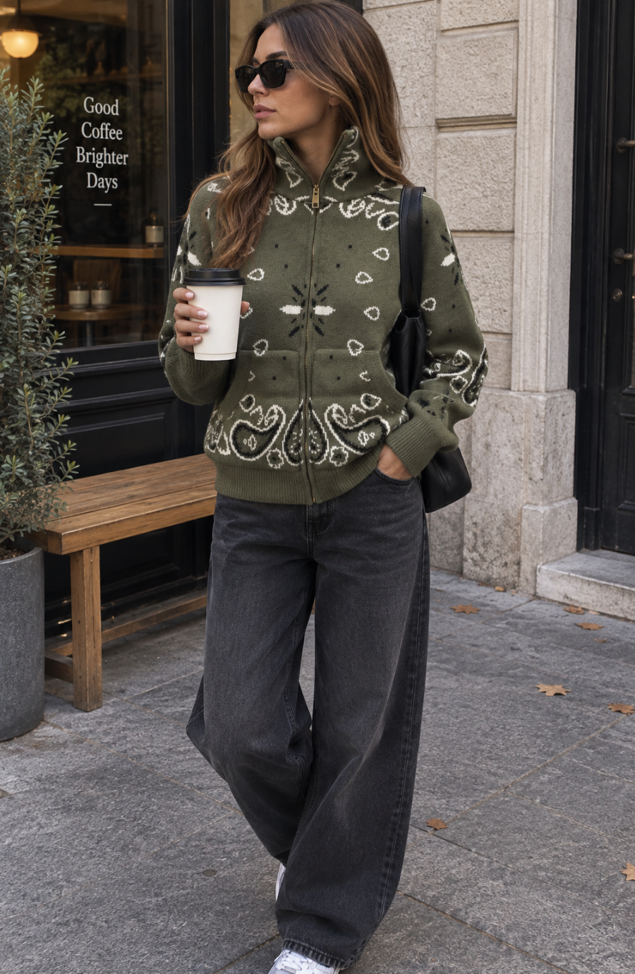 Zip Up Knit Cardigan with High Neck and Print