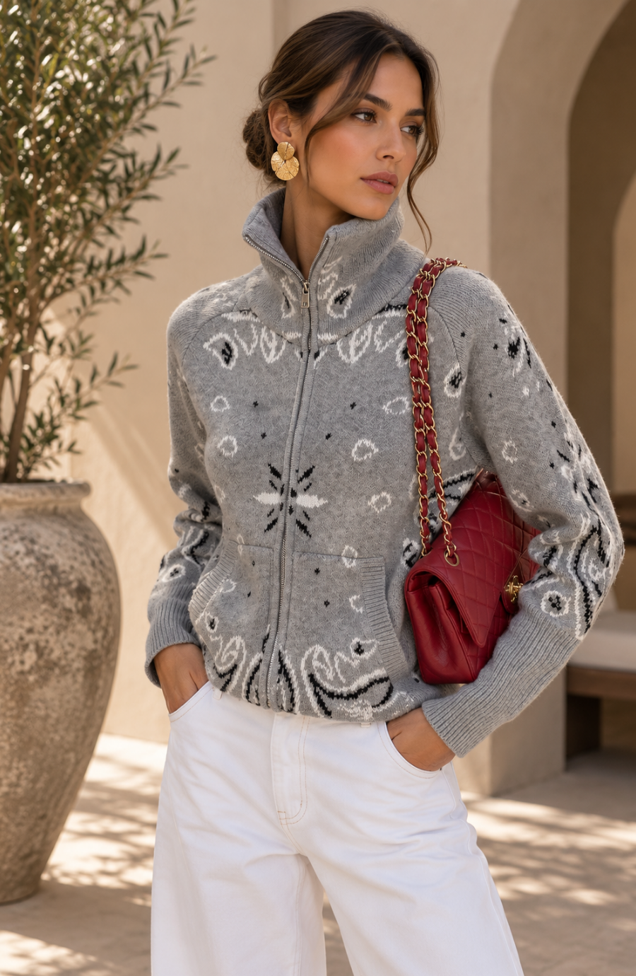 Zip Up Knit Cardigan with High Neck and Print