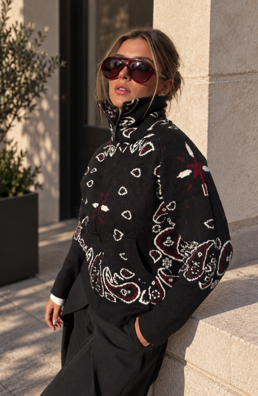 Zip Up Knit Cardigan with High Neck and Print