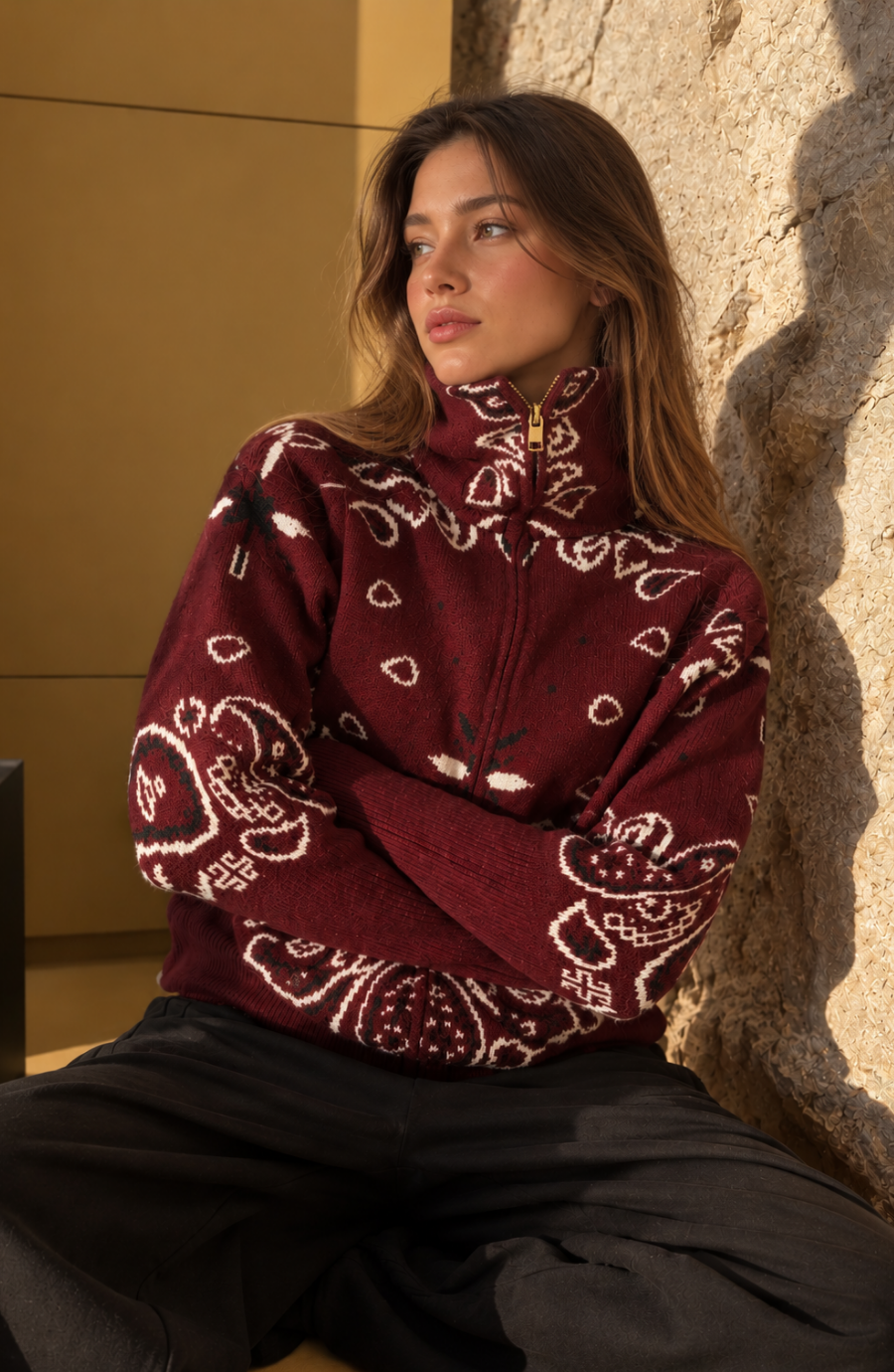 Zip Up Knit Cardigan with High Neck and Print