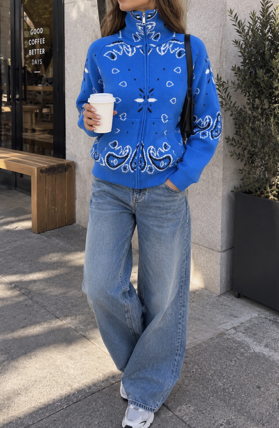 Zip Up Knit Cardigan with High Neck and Print