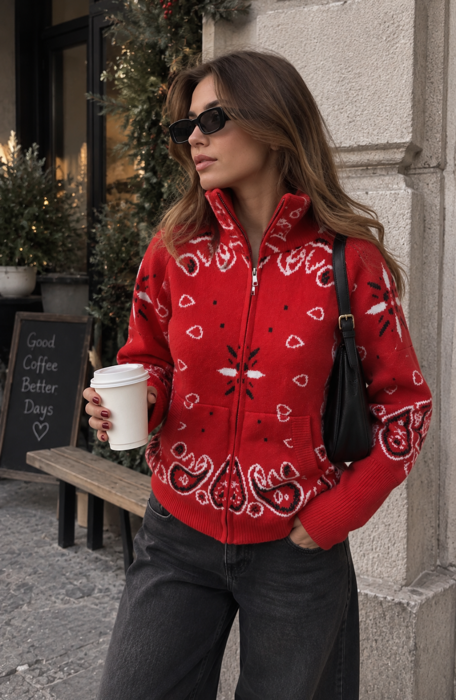 Zip Up Knit Cardigan with High Neck and Print