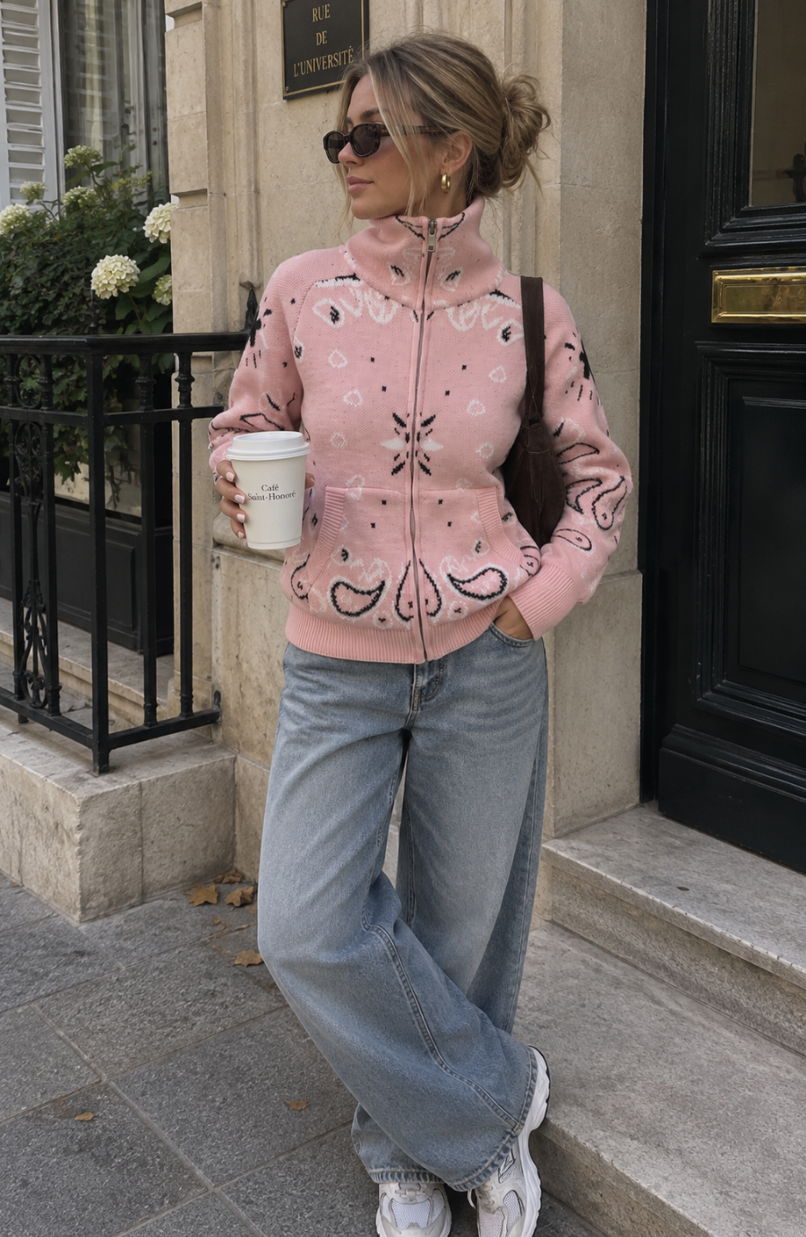 Zip Up Knit Cardigan with High Neck and Print