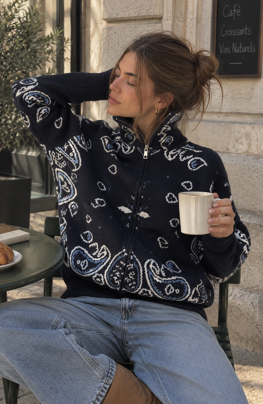 Zip Up Knit Cardigan with High Neck and Print